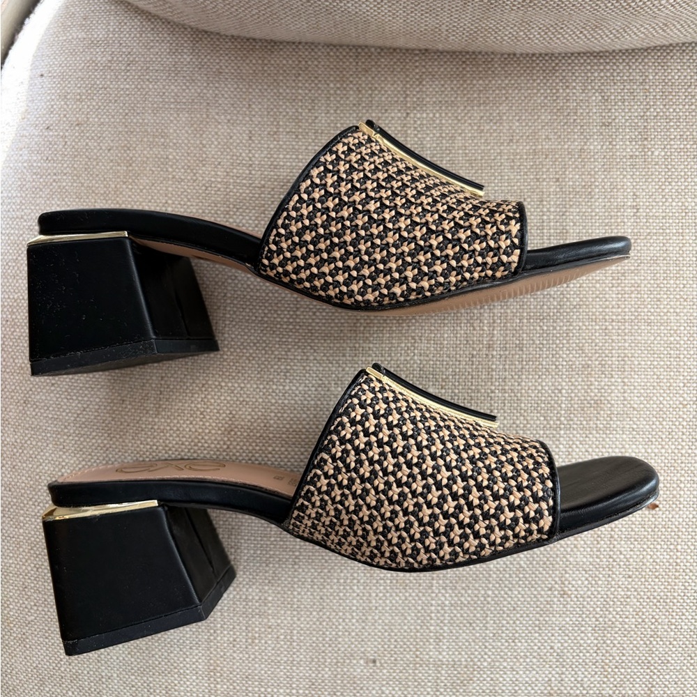 Exé Slide Sandals Leather Designer - women’s size 7 black tan gold - Picture 3 of 7